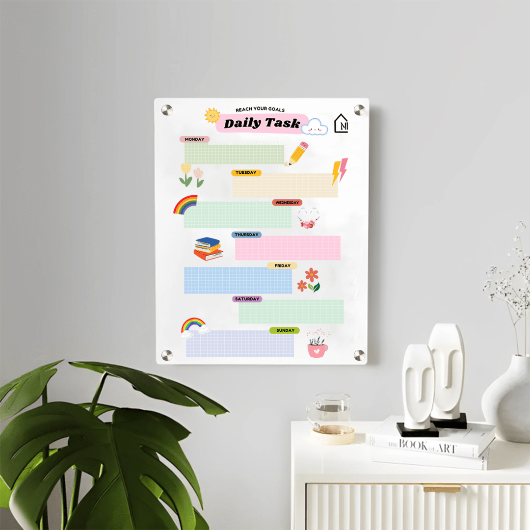 Acrylic Daily Task Planner Milky Board – Rainbow Theme Dry Erase Schedule Organizer | Kids & Home Study Wall Board | Monday to Sunday Layout - Memories InsiteRAINBOW MILKY WEEKLY PLANNER II